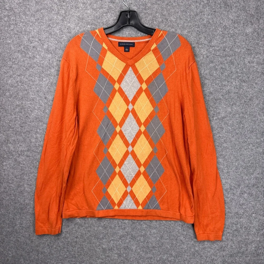Banana Republic Sweater Argyle V-Neck Large Orange Silk Cotton Cashmere Knit